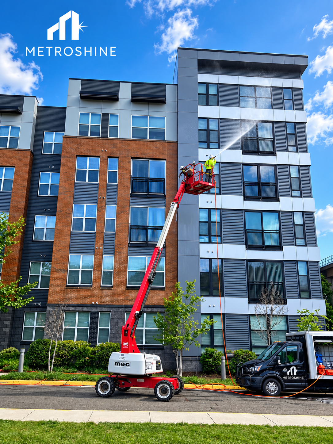 Construction crew cleaning modern apartment building