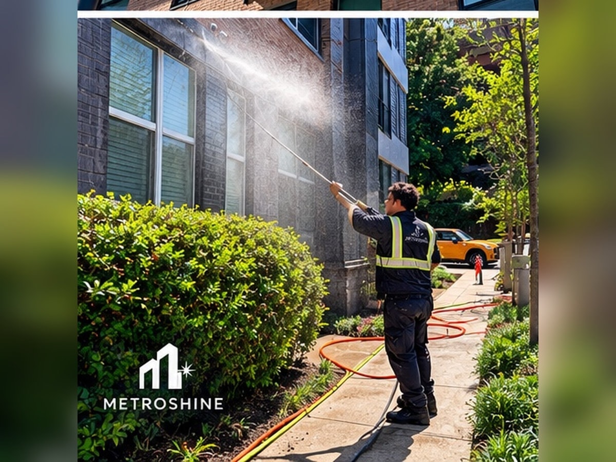Worker pressure washing building exterior