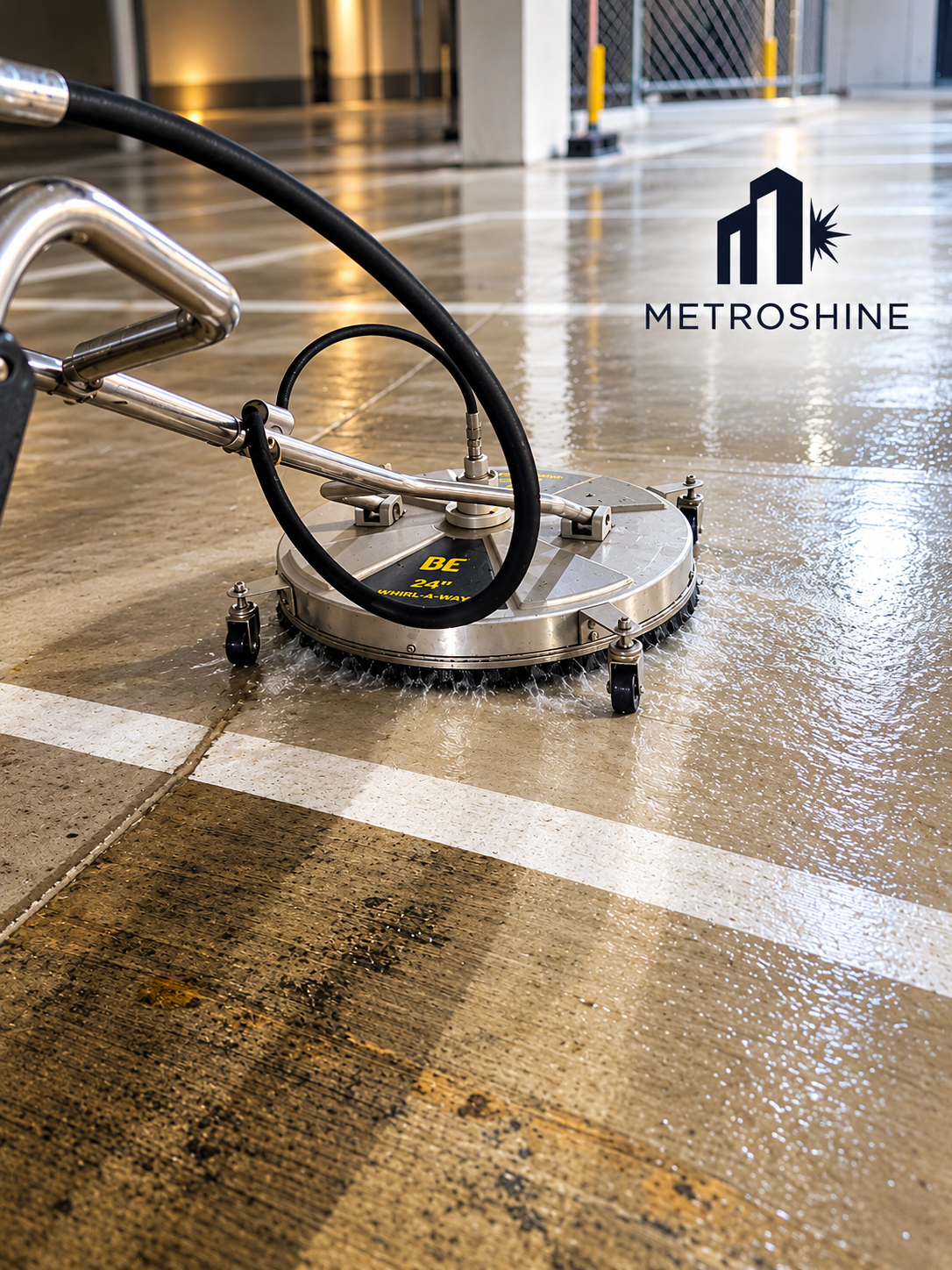Pressure washing wet concrete surface