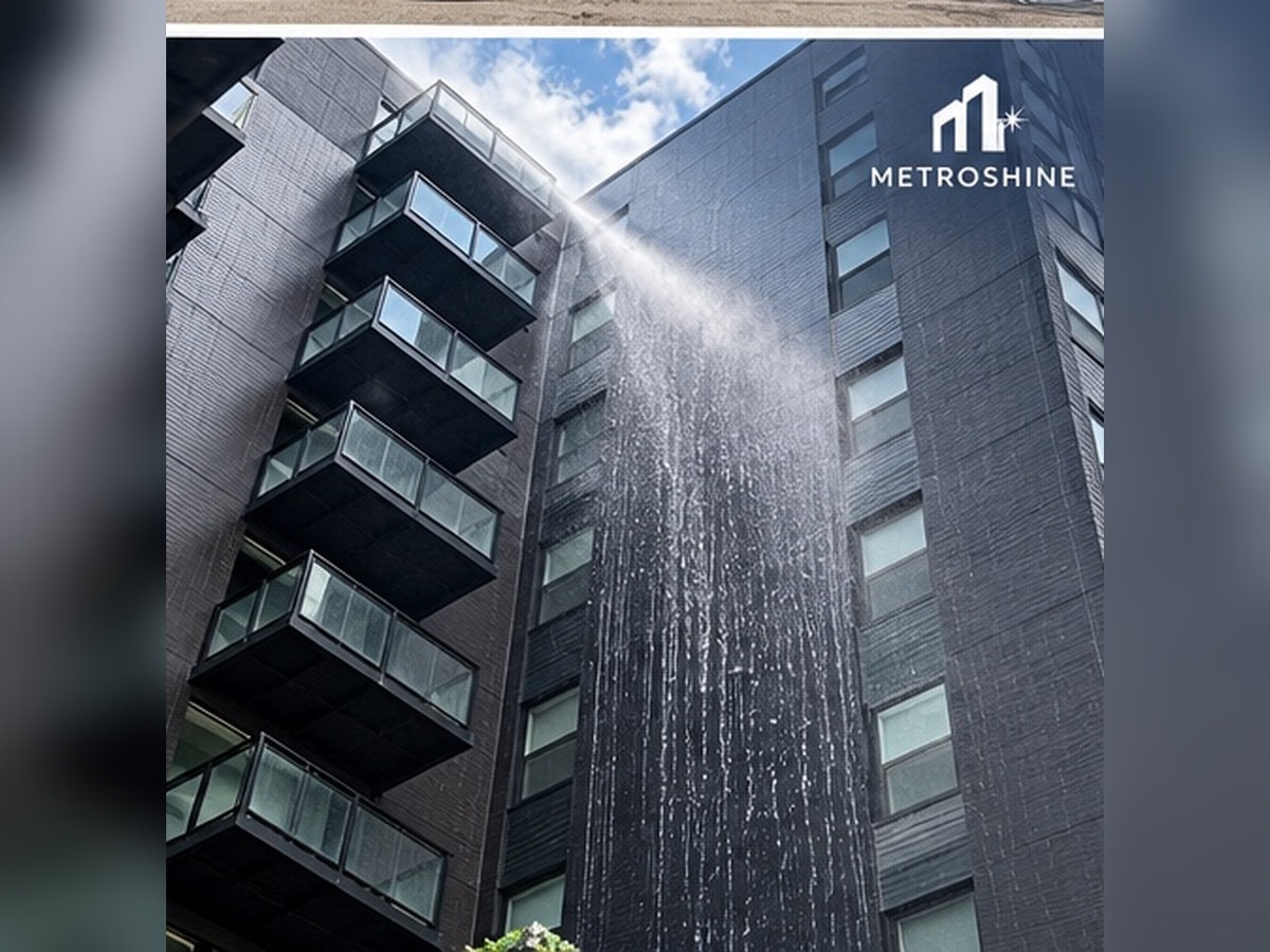 Modern apartment building water cascade feature