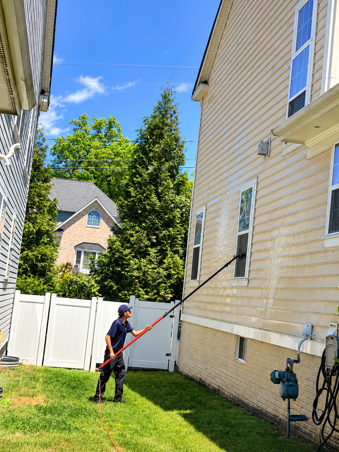 Worker cleaning house exterior with extension pole